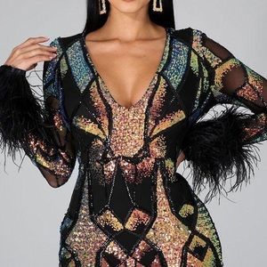 SEQUINED PARTY V NECK MINI DRESS